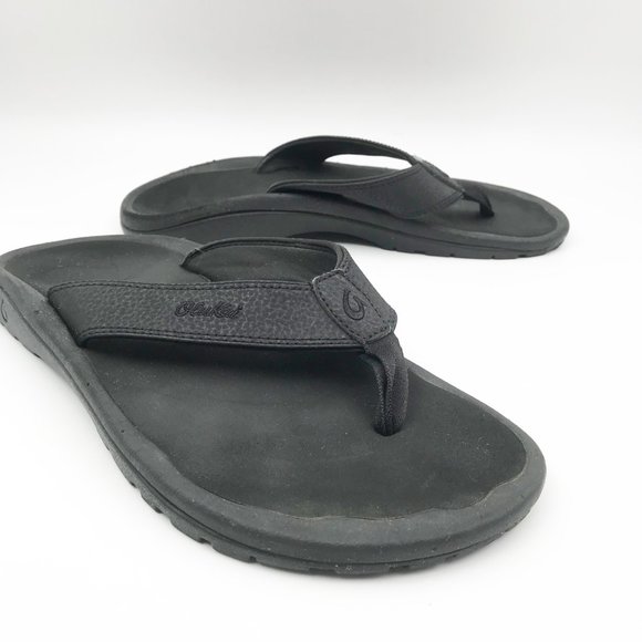 OLUKAI Black Leather Flip Flop Thong Sandals Mens 8 Womens 11 Beach Vacation - Picture 1 of 10